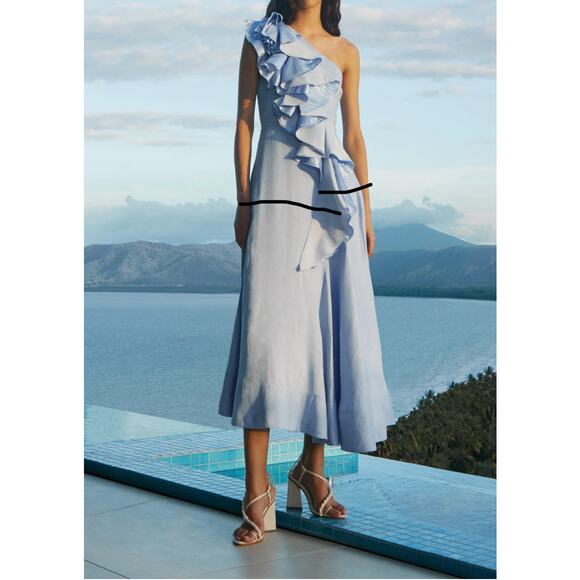 Aje Dresses & Skirts - Elegant One-Shoulder Ruffle Dress in Soft Sky Blue